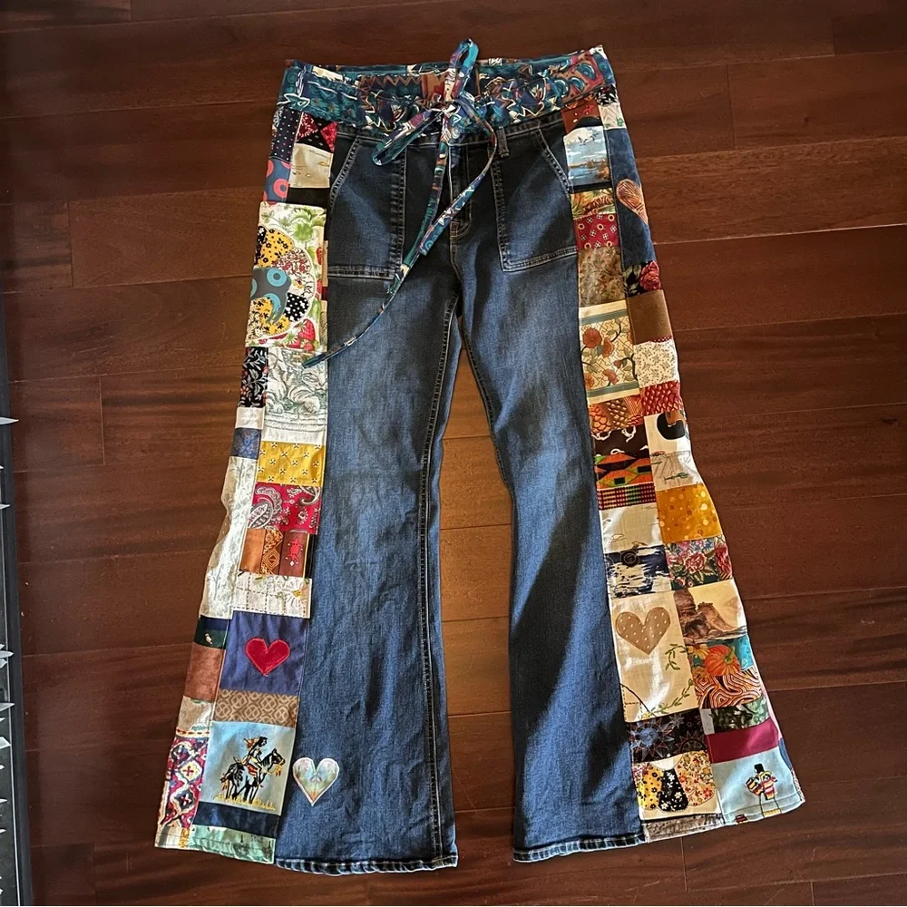 Harper jeans bellbottom patchwork phish llama donuts hippie shakedown patchpixie - Picture 1 of 11
